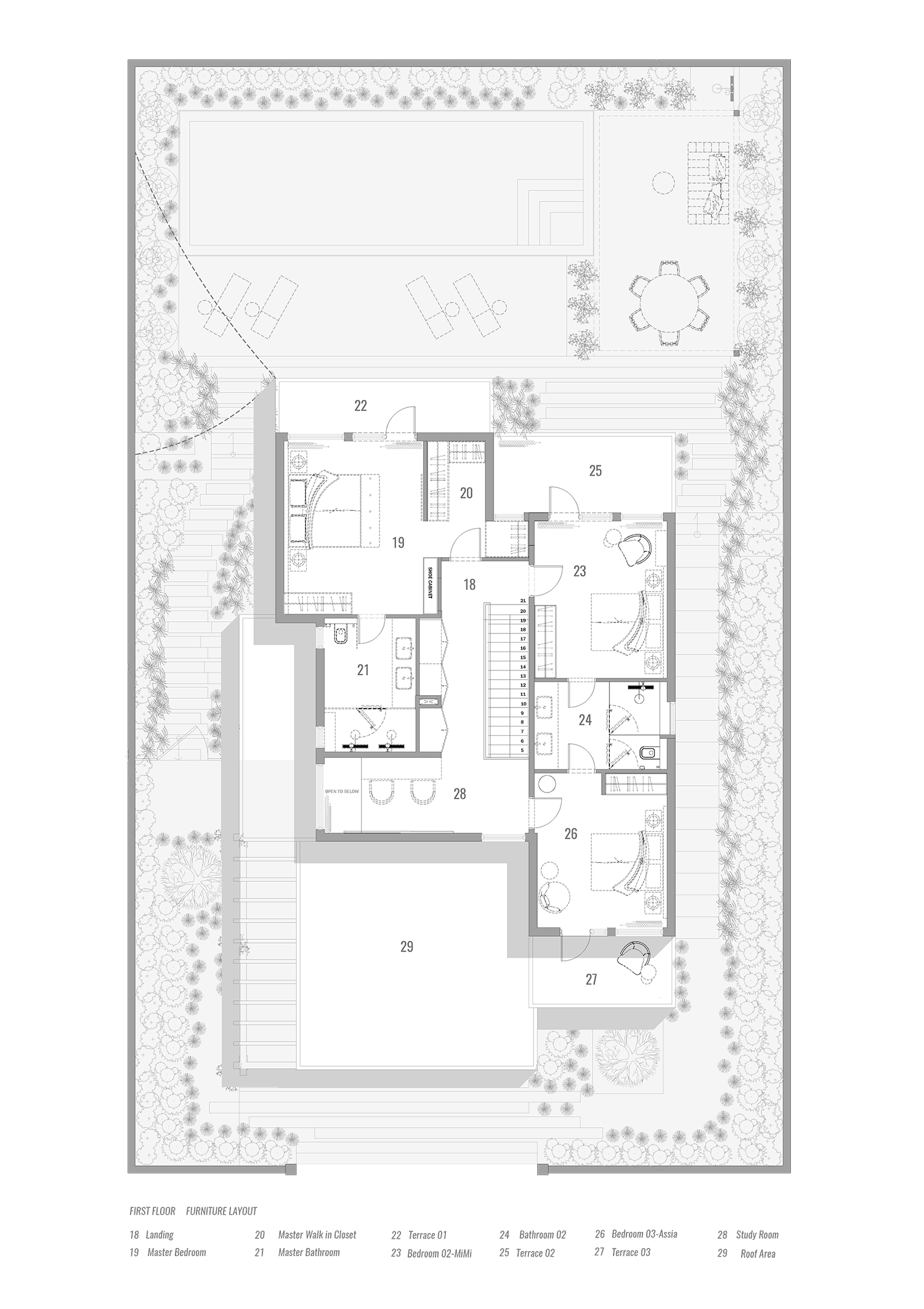 Detailed first floor furniture layout plan for the Soleil luxury villa project by Limestone in Dubai, showing landing, study, three bedrooms, master dressing, master bedroom, and master bathroom