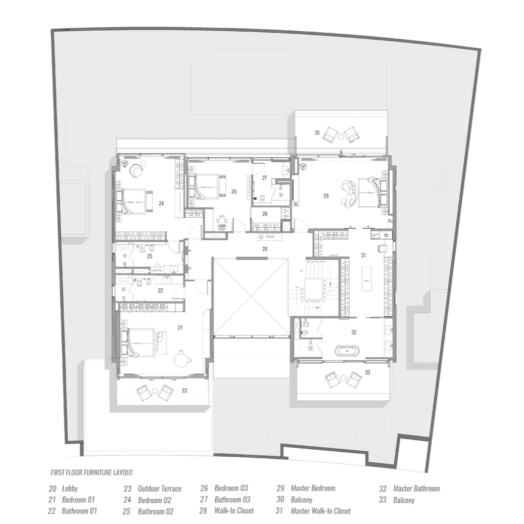First floor furniture layout plan for Villa Viola in Dubai Hills, designed by Limestone, showing lobby, three bedrooms with en-suite bathrooms, master bedroom with walk-in closet and master bathroom, and balcony areas