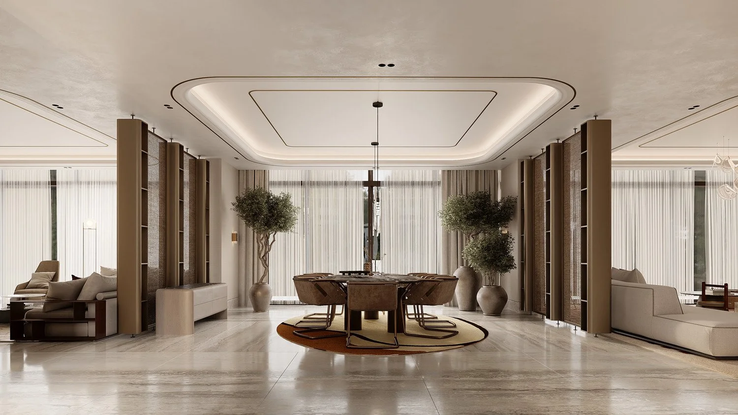 Dining room in Villa Viola, Dubai Hills, with a round dark wood dining table, leather-back chairs, dark oak panelled columns, and large potted olive trees by Limestone