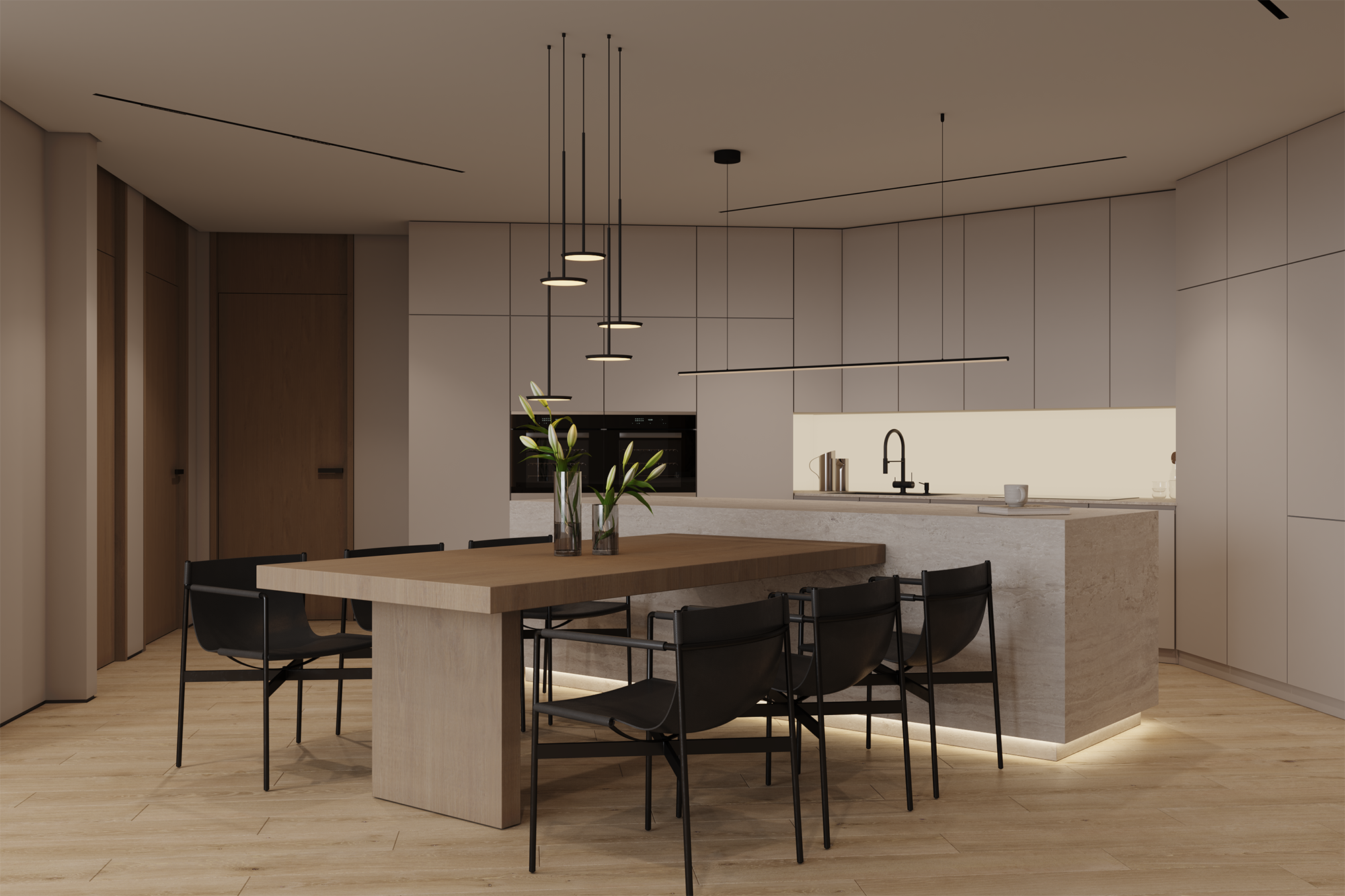 Modern minimalist kitchen with a large wooden dining table, black chairs, white cabinetry, a kitchen island, and pendant lighting, with some green plants in vases.