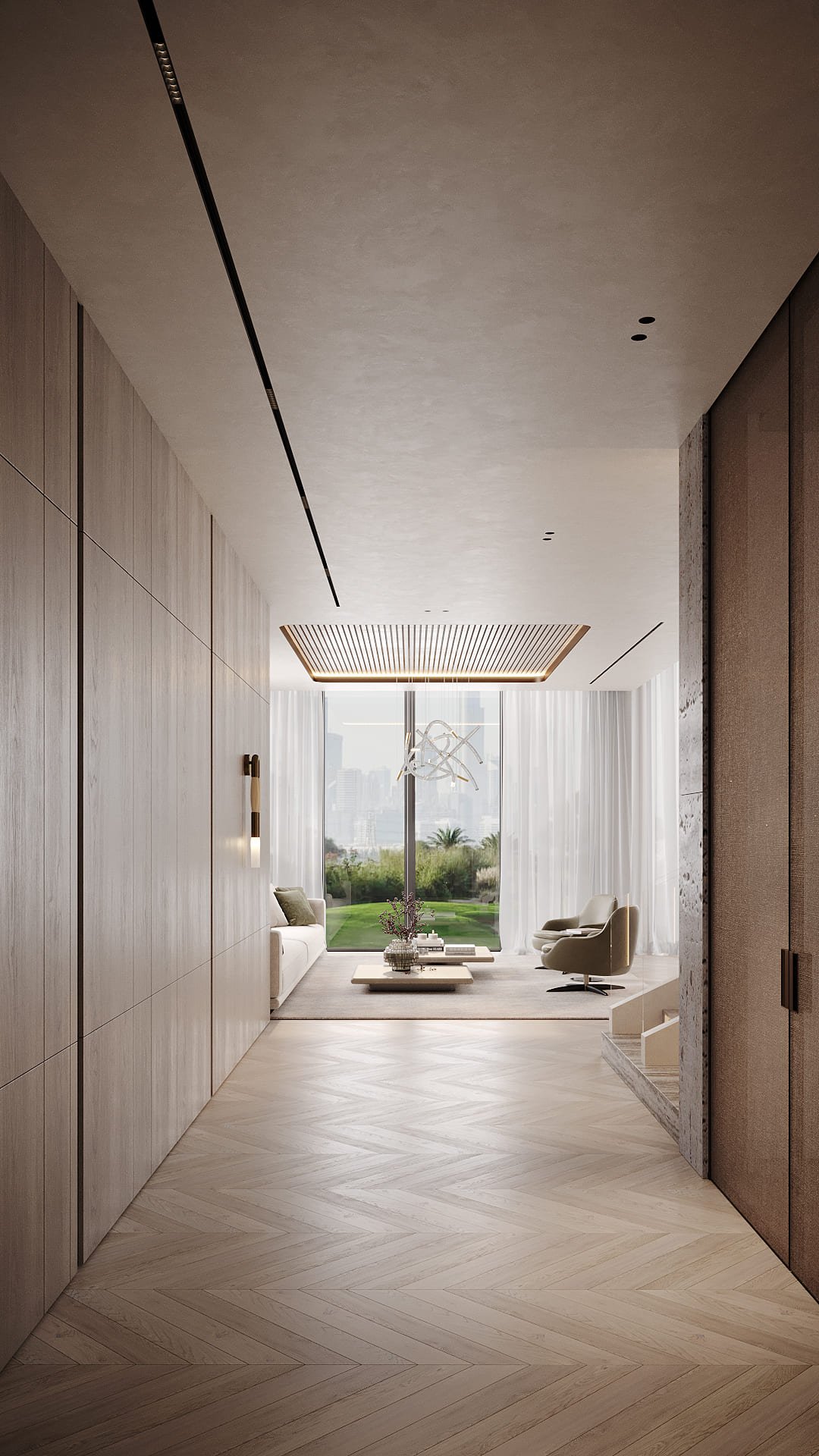 Foyer corridor in Villa De Bomma, Jumeirah Islands, with oak wall panelling, chevron laminate flooring, a De Bomma wall light, and views toward the living room by Limestone