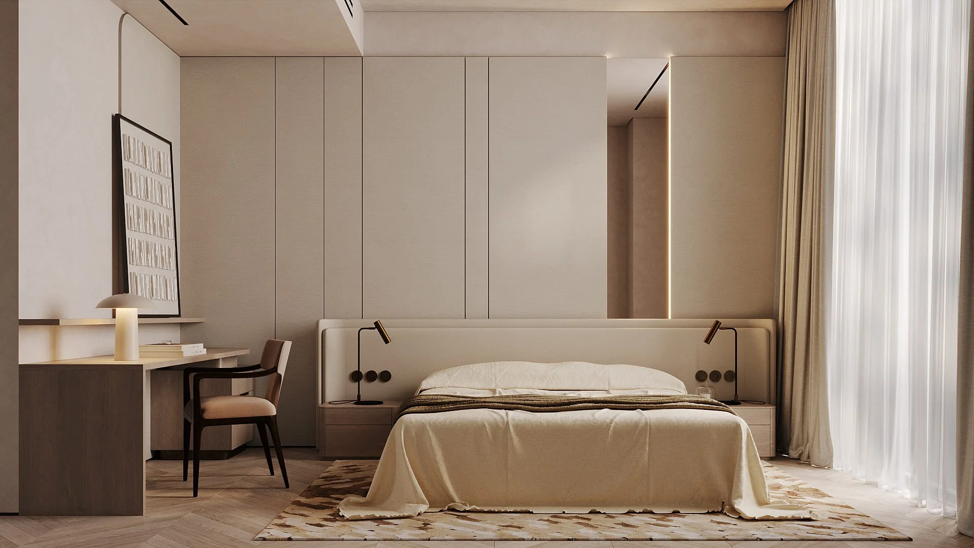 Secondary bedroom in Villa De Bomma, Jumeirah Islands, with floor-to-ceiling wall panelling, an upholstered headboard, chevron laminate flooring, and a De Bomma wall light by Limestone