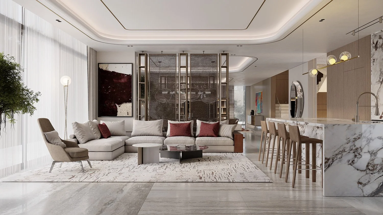 Open-plan living room and kitchen in Villa Viola, Dubai Hills, with a beige sofa, burgundy accent cushions, dark oak panelled bookshelves, and a veined marble kitchen island by Limestone