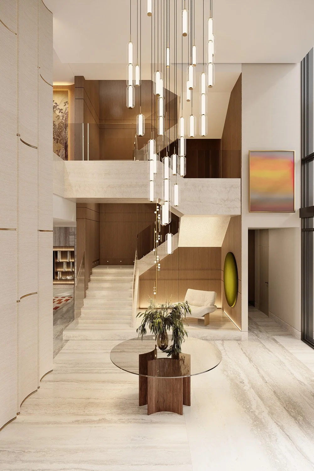 Double-height foyer in Villa Viola, Dubai Hills, with a travertine staircase, dark oak wall panelling, cascading tubular pendant lights, and a round glass and walnut side table by Limestone