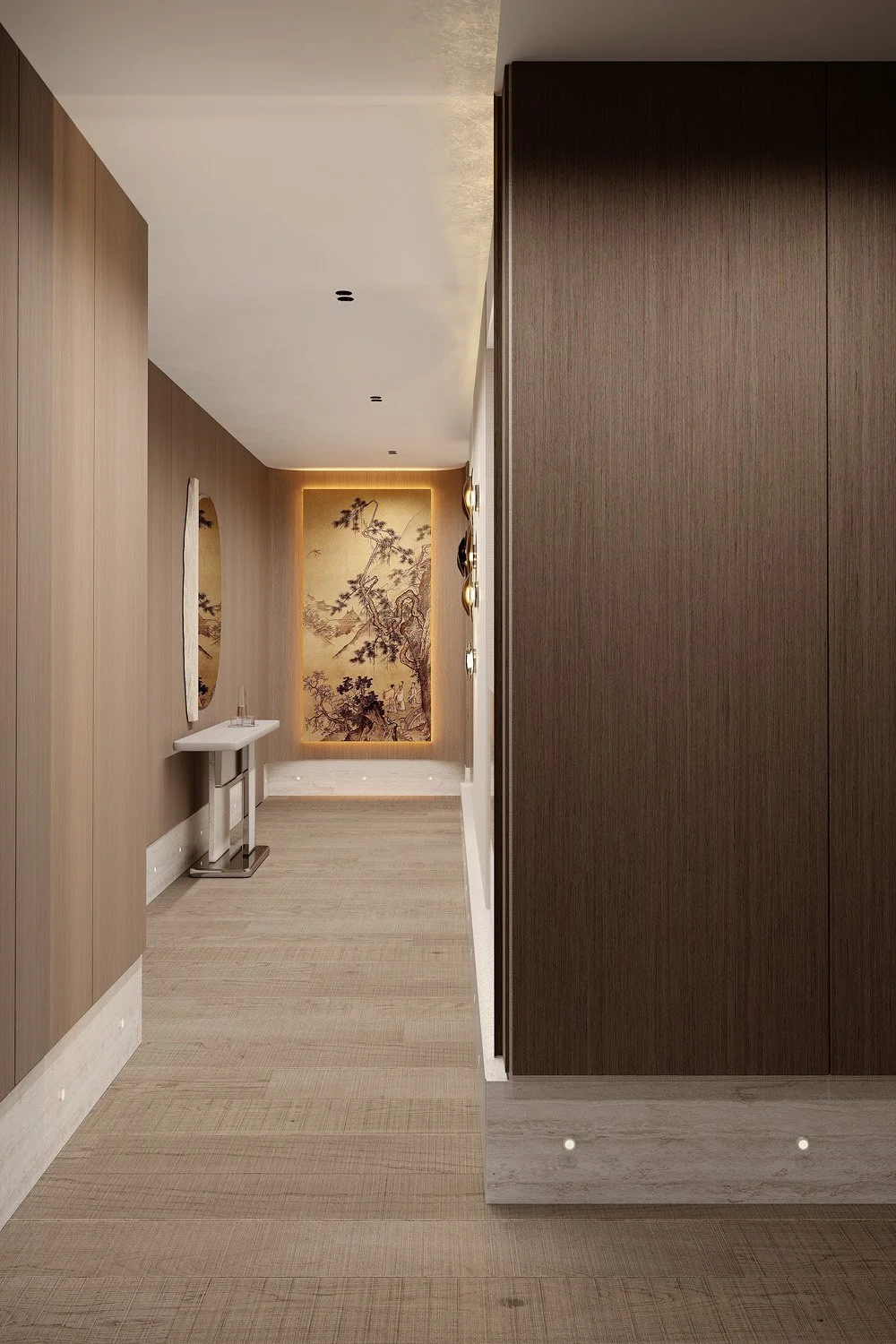 Corridor in Villa Viola, Dubai Hills, with dark oak wall panelling, a backlit landscape artwork niche, and a slim marble-topped console table by Limestone