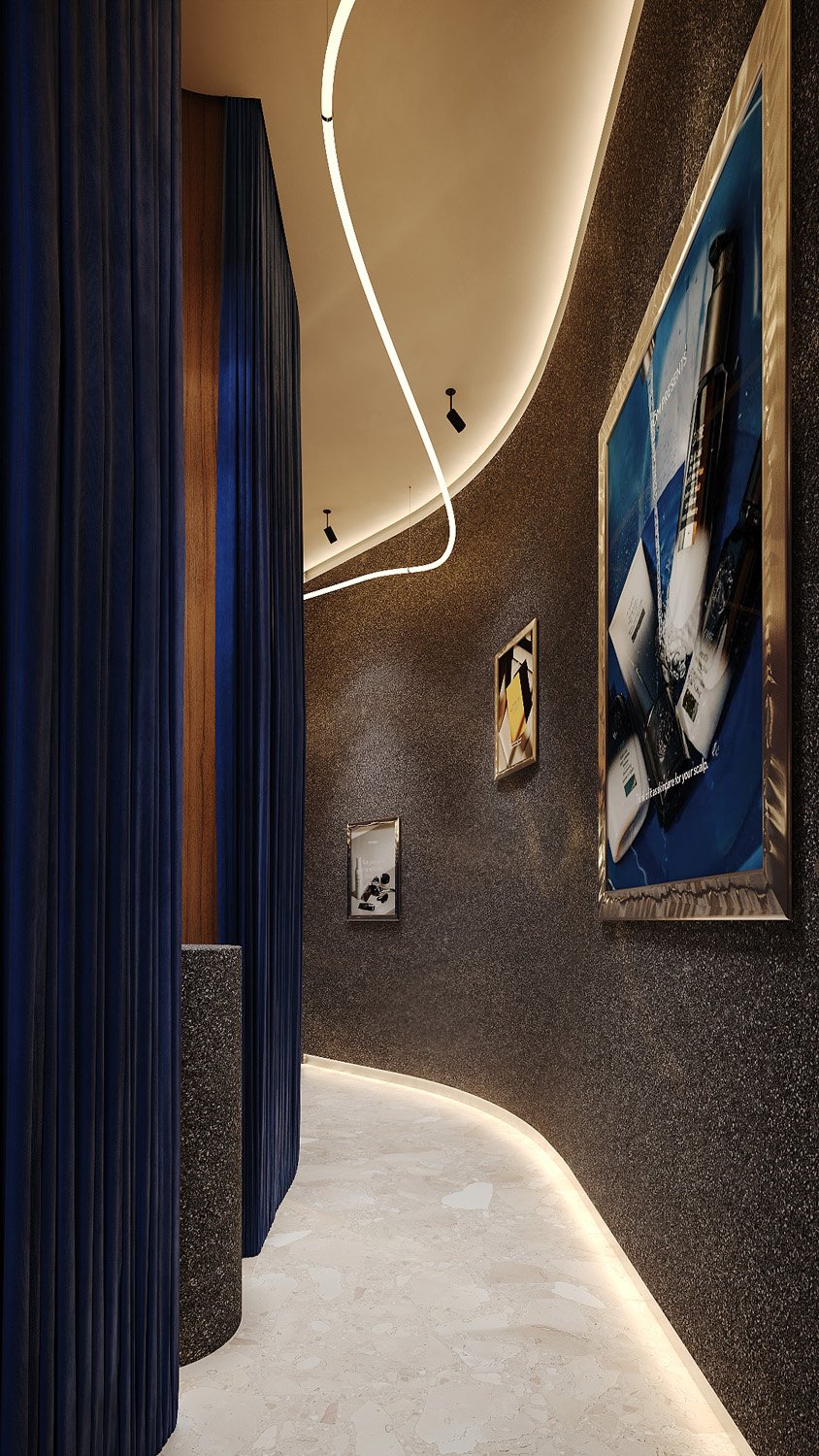 Boutique spa design by Limestone at FŌM Hygge Spa, City Walk Dubai, with a curved resin crushed stone corridor, pleated blue velvet, lacquered wood and sculptural linear lighting