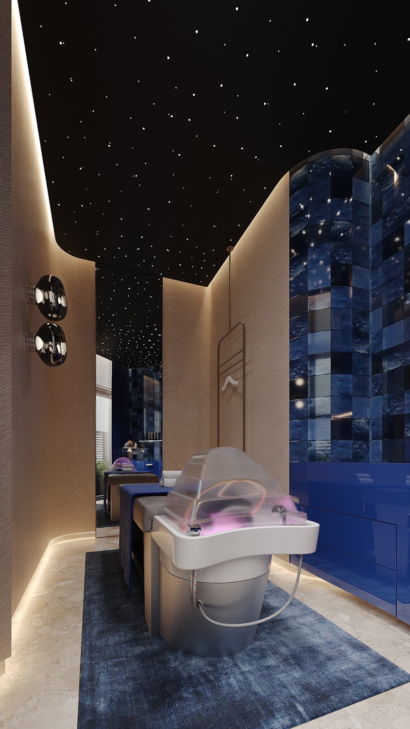 Head spa treatment room at FŌM Hygge Spa, City Walk Dubai, designed by Limestone, with a starry ceiling, blue lacquered cabinetry and glazed blue Zellige tiles