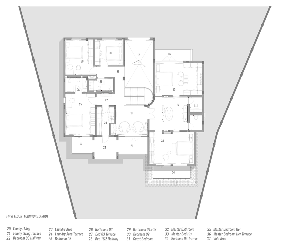 First floor furniture layout of Villa Ambra in Jumeirah Islands, Dubai, by Limestone, showing the family lounge, master suite with shared bathroom, and bedrooms with terraces.