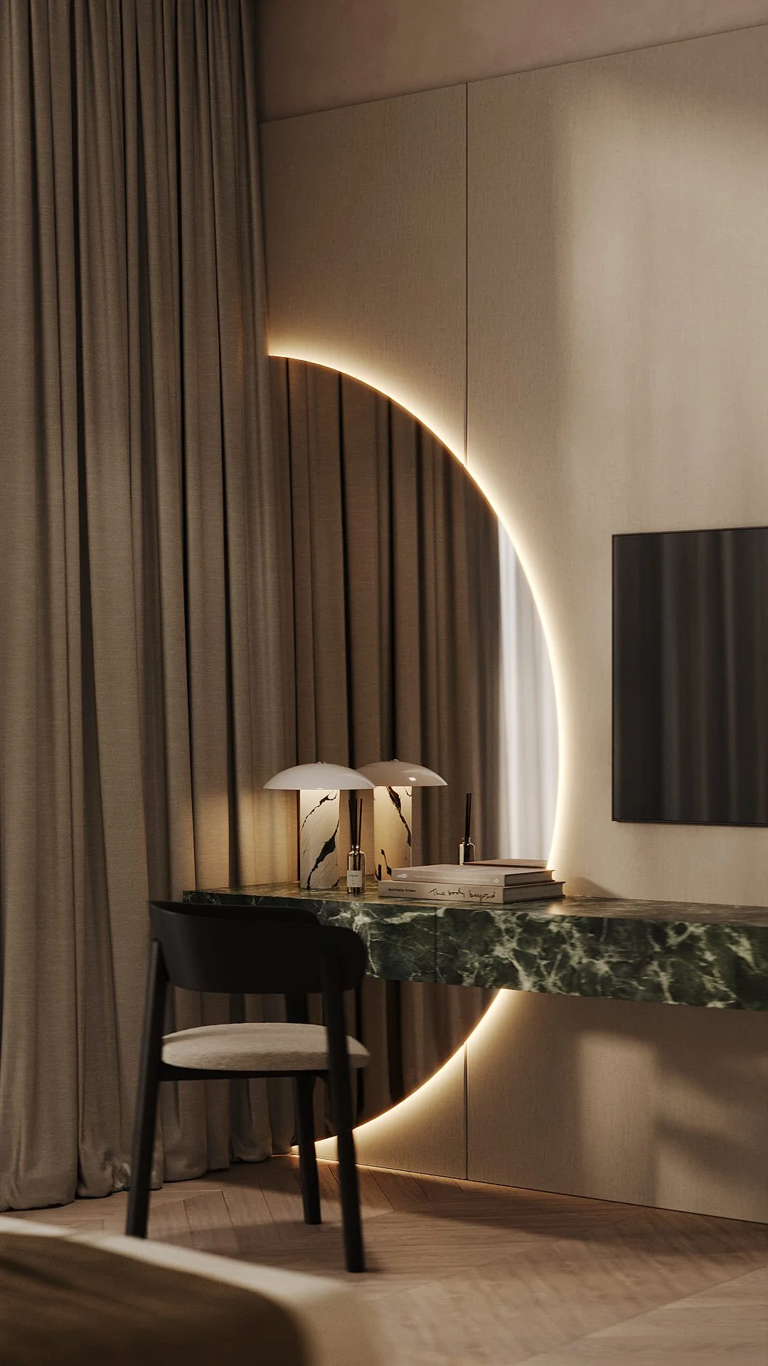 Bedroom desk detail in Villa De Bomma, Jumeirah Islands, with an Alpi Verde marble surface, backlit arched panel, and mushroom table lamps by Limestone