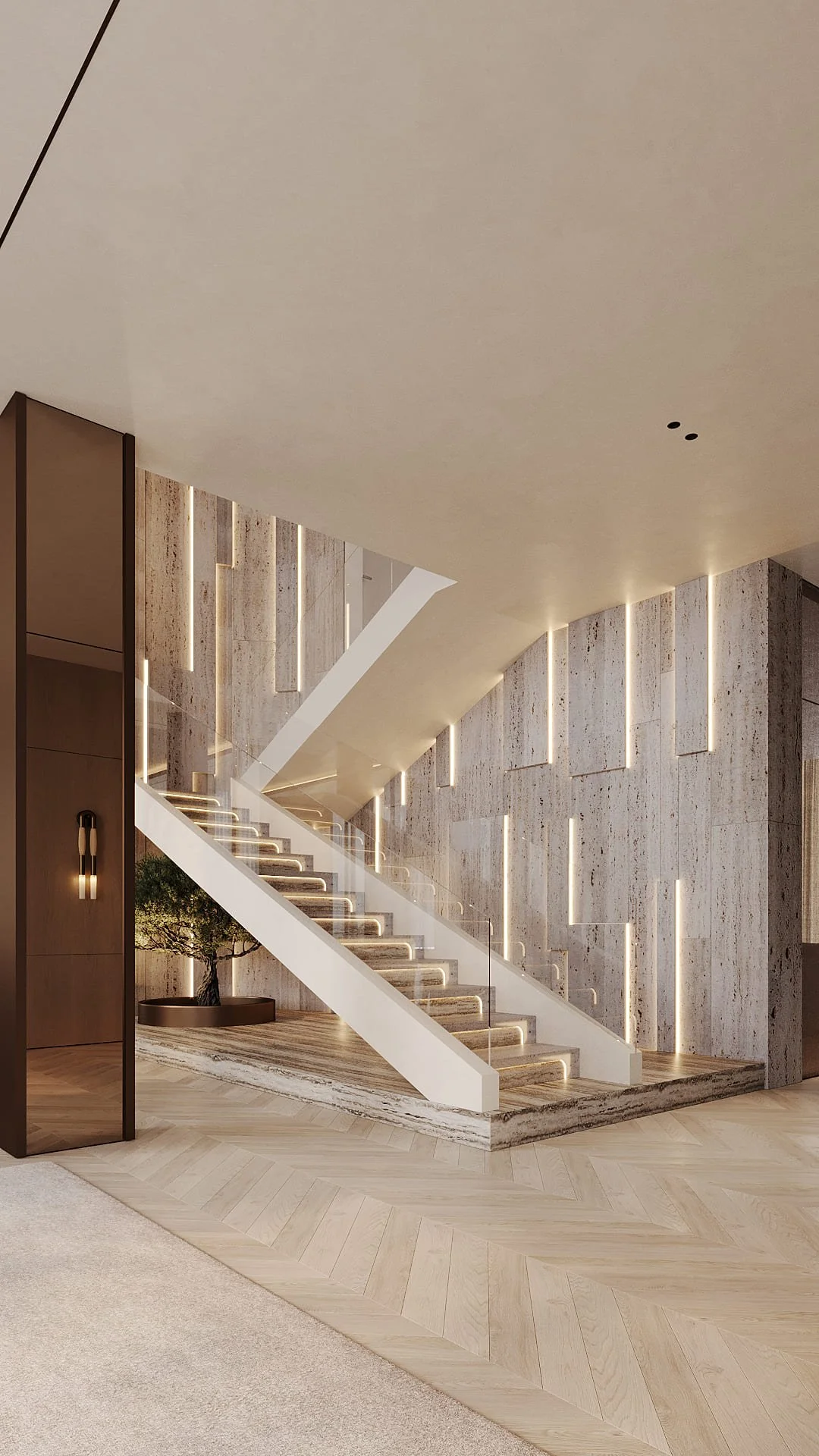Staircase in Villa De Bomma, Jumeirah Islands, with a dramatic travertine-clad feature wall, backlit vertical panel detailing, a bonsai tree, and chevron flooring by Limestone