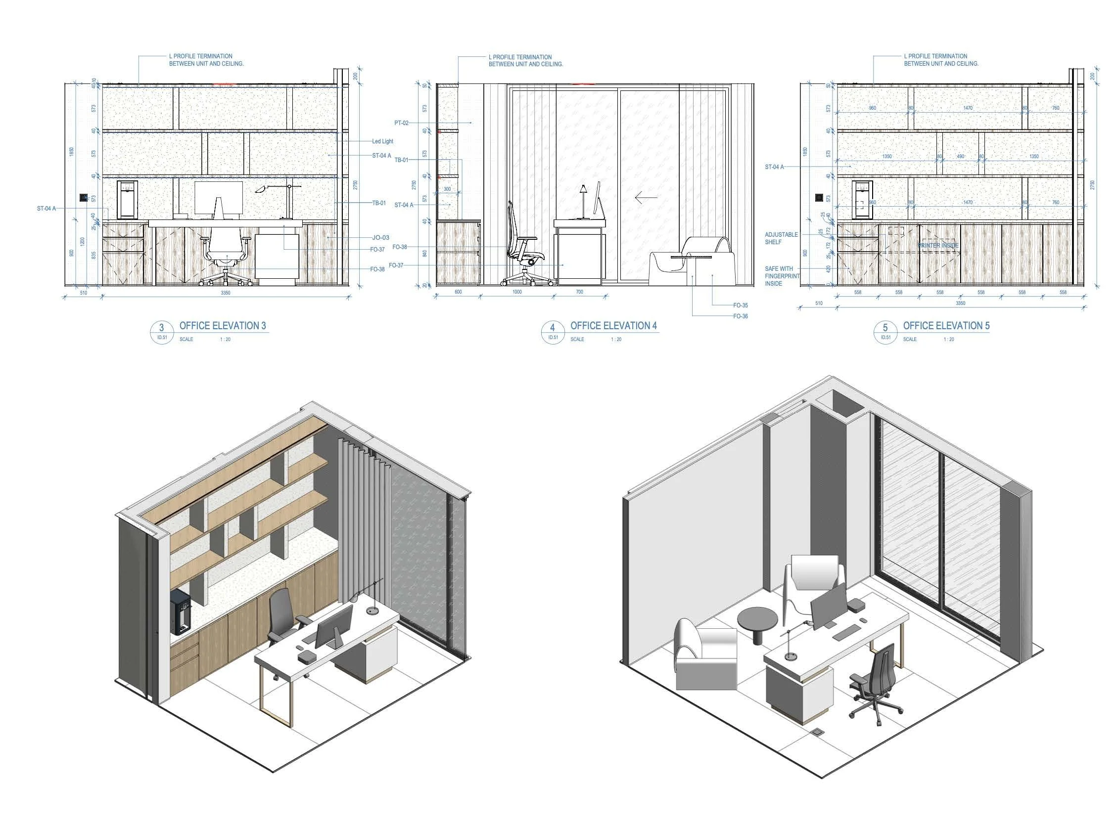 Architectural drawings and 3D renderings of an office space, showing floor plans, elevations, and interior views with furniture and fixtures.