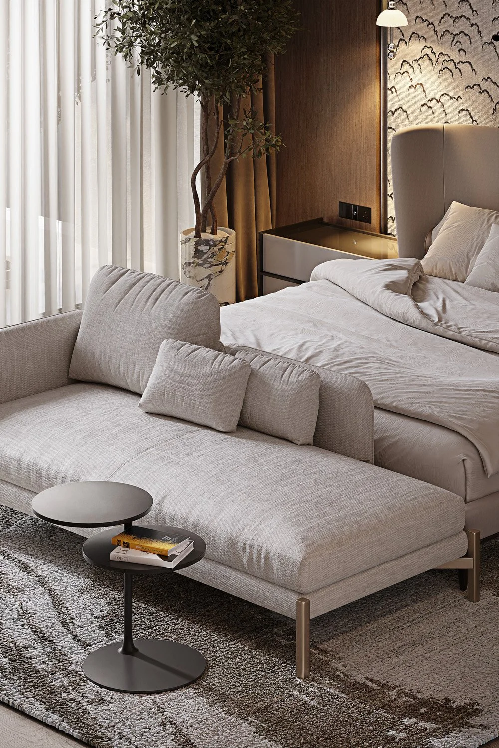 Bedroom seating detail in Villa Viola, Dubai Hills, with an upholstered daybed, bronze-legged side table, and patterned wall covering behind the bed by Limestone