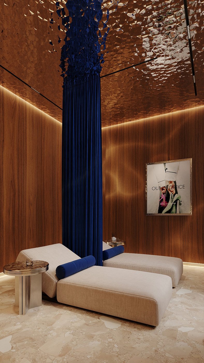 Spa relaxation lounge designed by Limestone for FŌM Hygge Spa, City Walk Dubai, with a hammered mirrored steel ceiling, blue velvet drapery and lacquered wood walls
