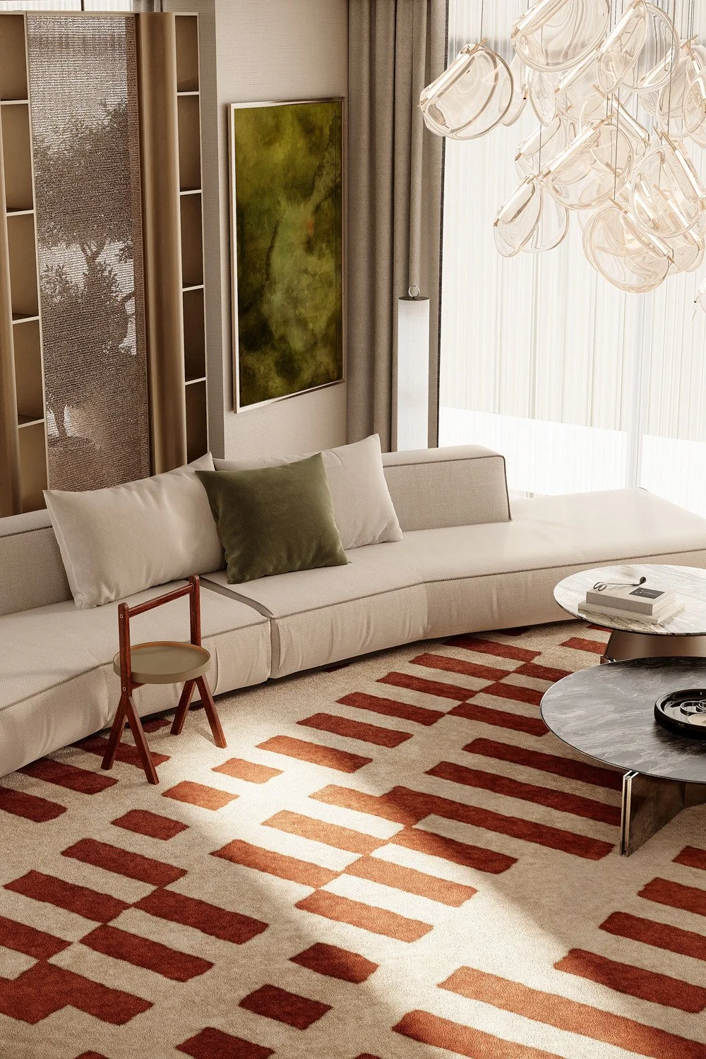 Detail of a living room in Villa Viola, Dubai Hills, with a beige sectional sofa, olive velvet cushion, rust checkerboard rug, and a sculptural glass cluster chandelier by Limestone