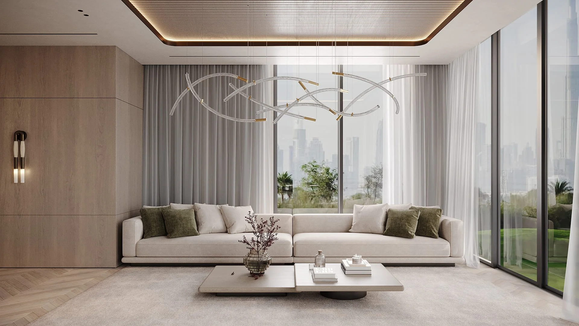Main living room in Villa De Bomma, Jumeirah Islands, with a sculptural glass and brass chandelier, wooden slatted ceiling, De Bomma wall light, and Dubai skyline views by Limestone