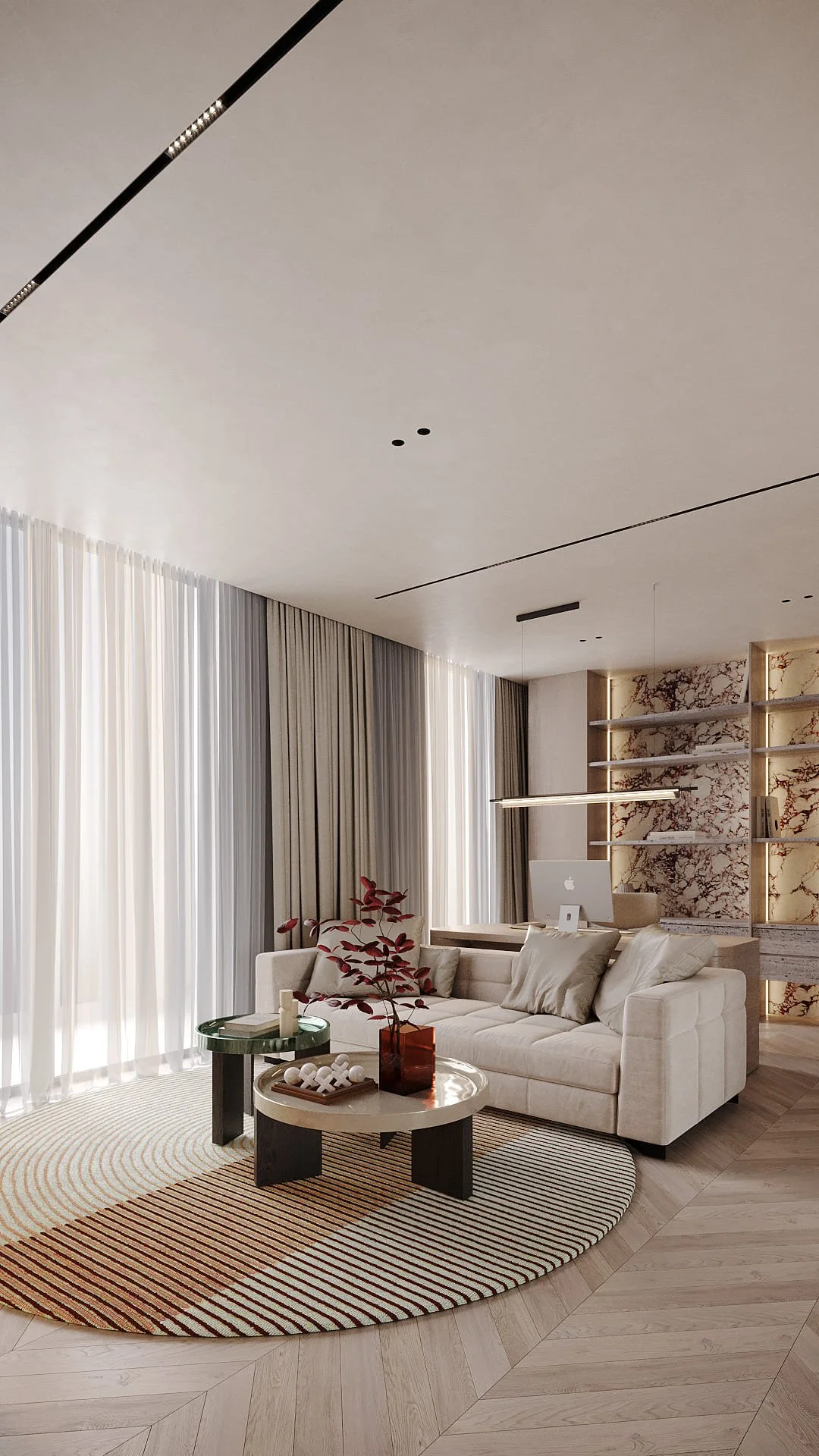 Office lounge in Villa De Bomma, Jumeirah Islands, with a backlit Calacatta Viola marble shelving wall, white sofa, round striped rug, and chevron laminate flooring by Limestone