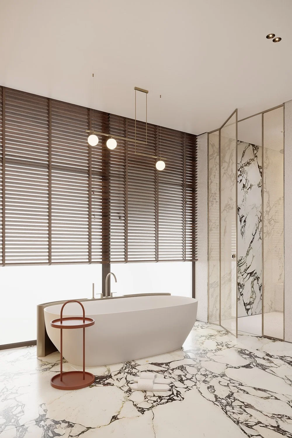 Master bathroom in Villa Viola, Dubai Hills, with a freestanding oval bathtub, dark wood slat window screen, brass pendant lighting, and dramatic veined marble flooring by Limestone