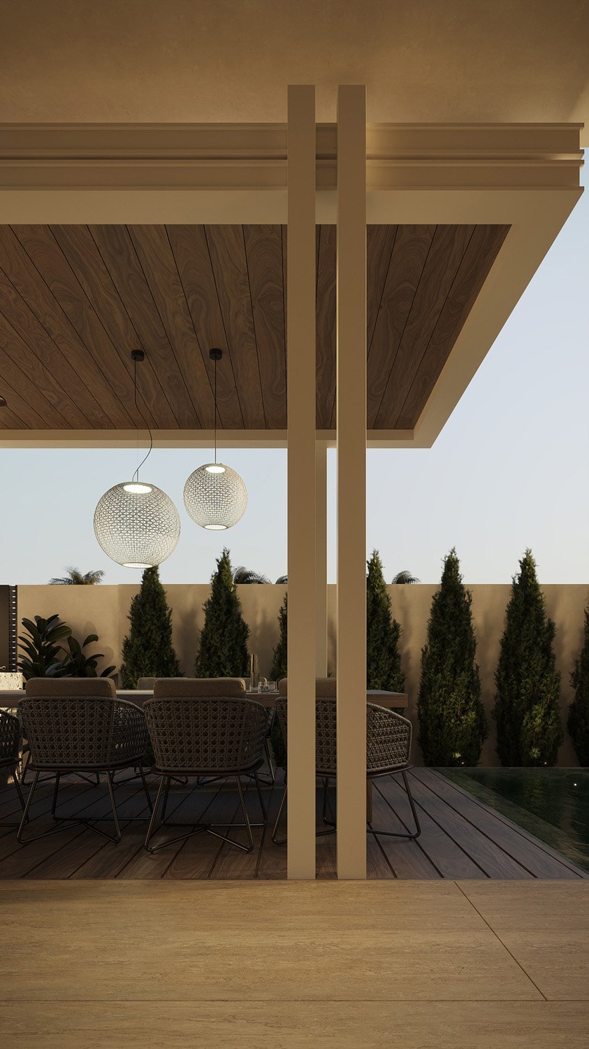Outdoor dining area in a Dubai Hills villa landscape, with woven rattan dining chairs, sculptural woven pendant lights, and a Ficus panda privacy hedge, designed by Limestone