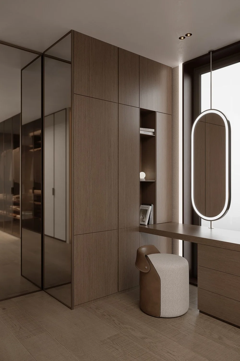 Master walk-in wardrobe detail in Villa Viola, Dubai Hills, with built-in oak shelving, a leather-and-fabric stool, and an oval LED-lit standing mirror by Limestone