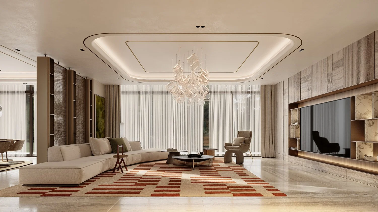 Living room in Villa Viola, Dubai Hills, with a curved beige sofa, rust checkerboard rug, travertine-clad TV feature wall, and dark oak wall panelling by Limestone