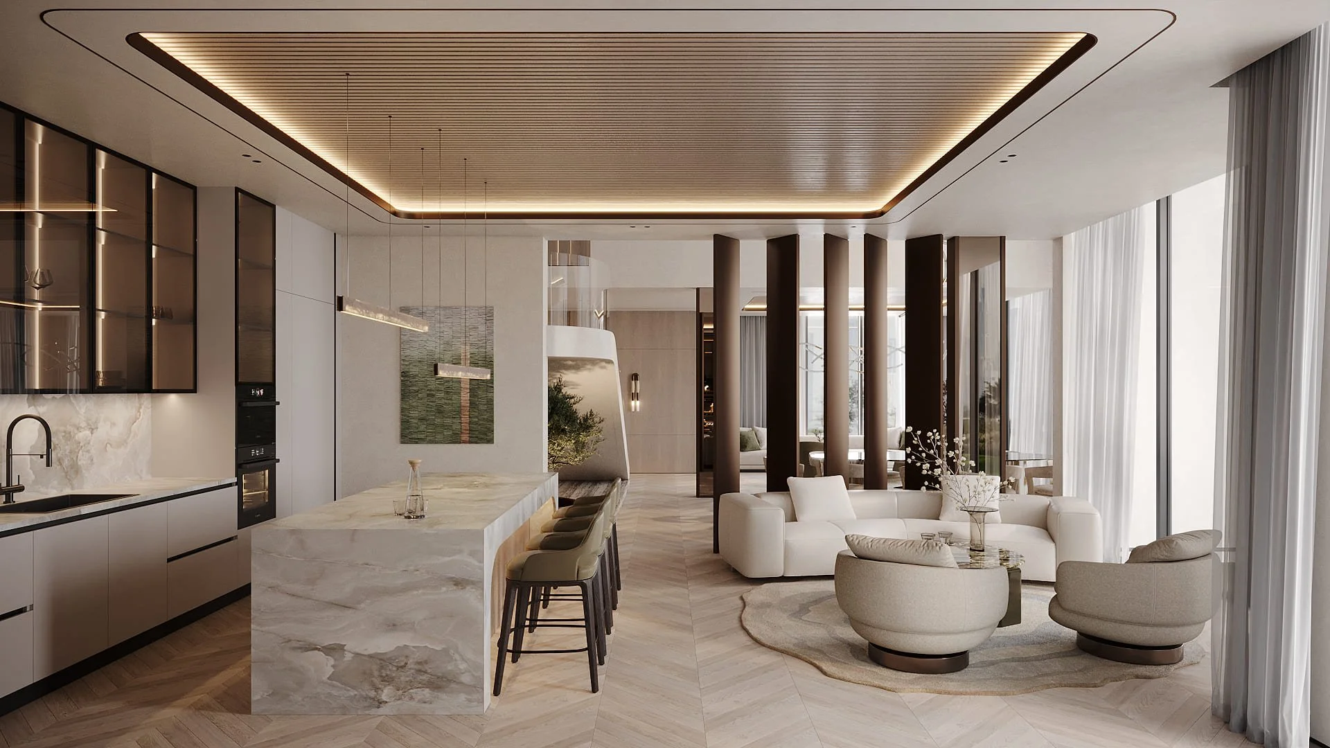 Show kitchen and open-plan living in Villa De Bomma, Jumeirah Islands, with a marble kitchen island, dark oak cabinetry, wooden slatted ceiling, and dark column dividers by Limestone