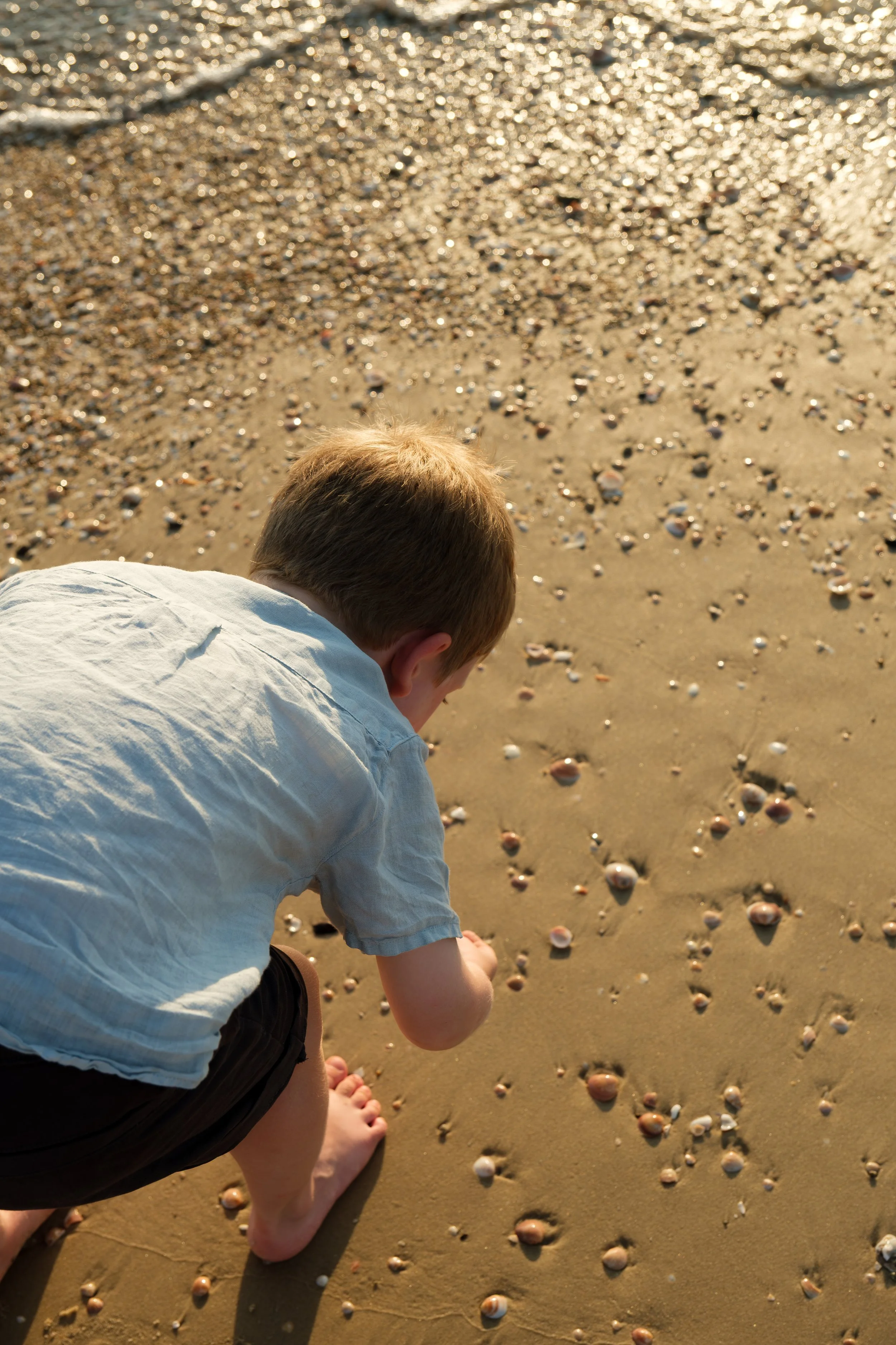 A young boy with red hair crouching on a sandy beach, playing among seashells at sunset.