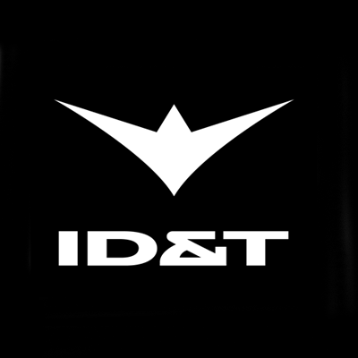 Logo met een witte vink en de tekst 'ID&T' op een zwarte achtergrond.