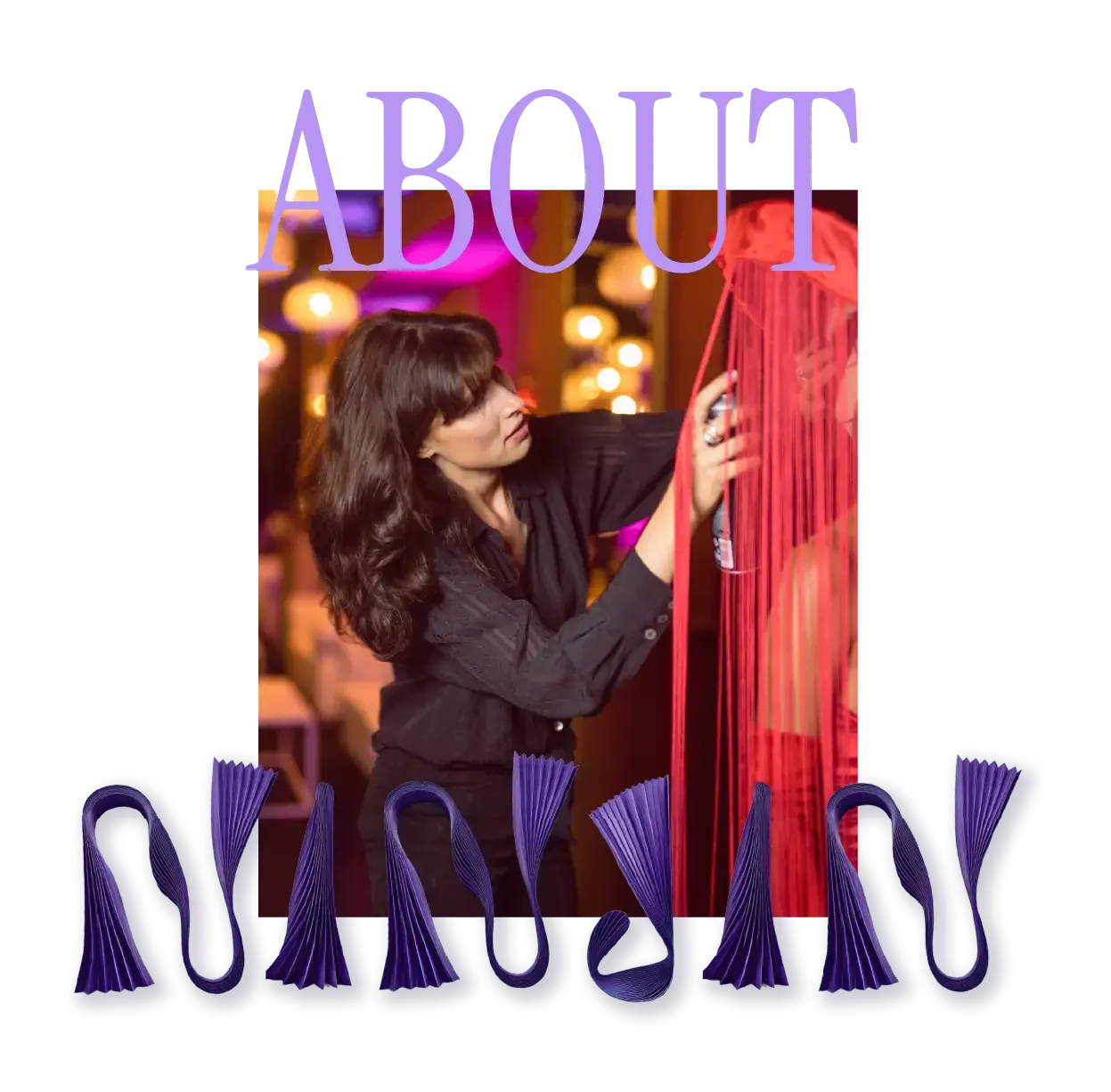 Een vrouw met bruin, golvend haar die een rode draad installatiewerkzaamheden doet in een restaurant of bar met kleurrijk verlichte achtergrond.