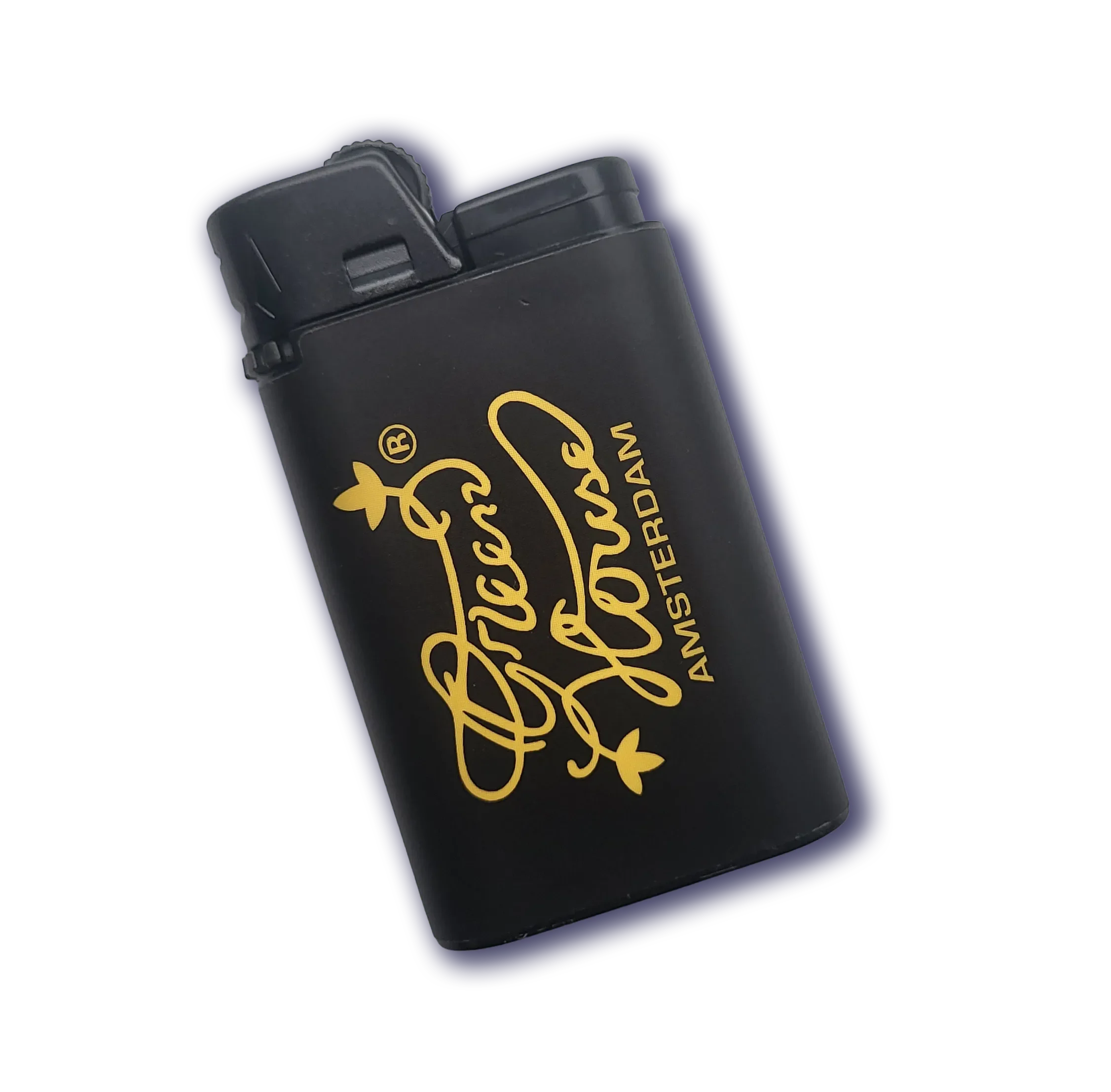 Zwart aansteker met gouden tekst en logo van Amsterdam en het brandmerk 'H.E. Arts'.