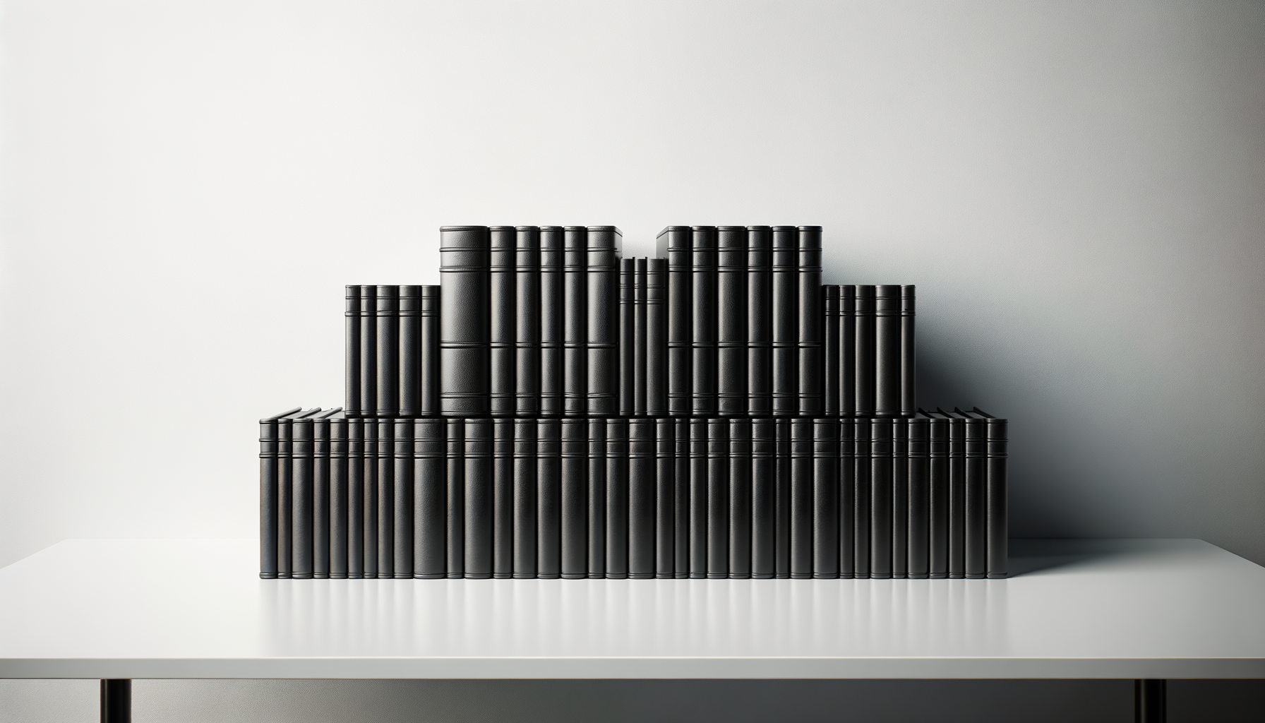 Stacked black cylindrical objects arranged in a tiered formation on a white table with a plain wall background.