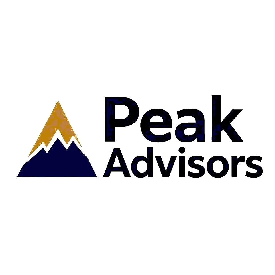 Logo for Peak Advisors featuring a stylized mountain peak with a gold upper section and a dark lower section, and the text "Peak Advisors" next to it.