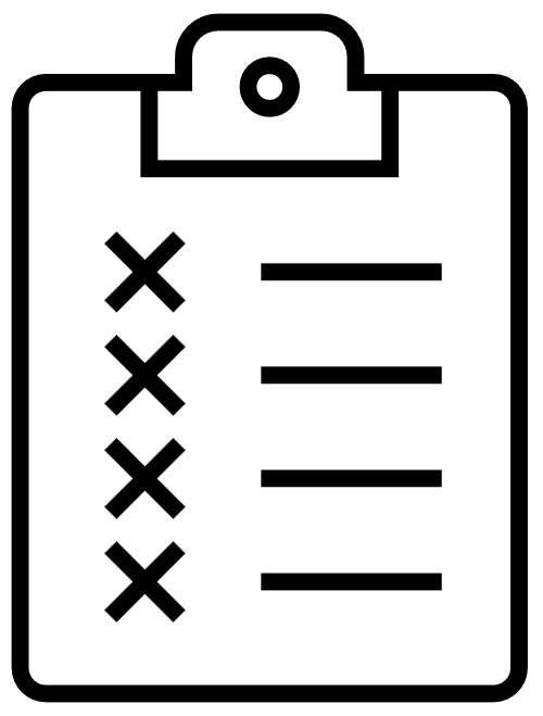 A simple black line illustration of a clipboard with a completed to-do list.