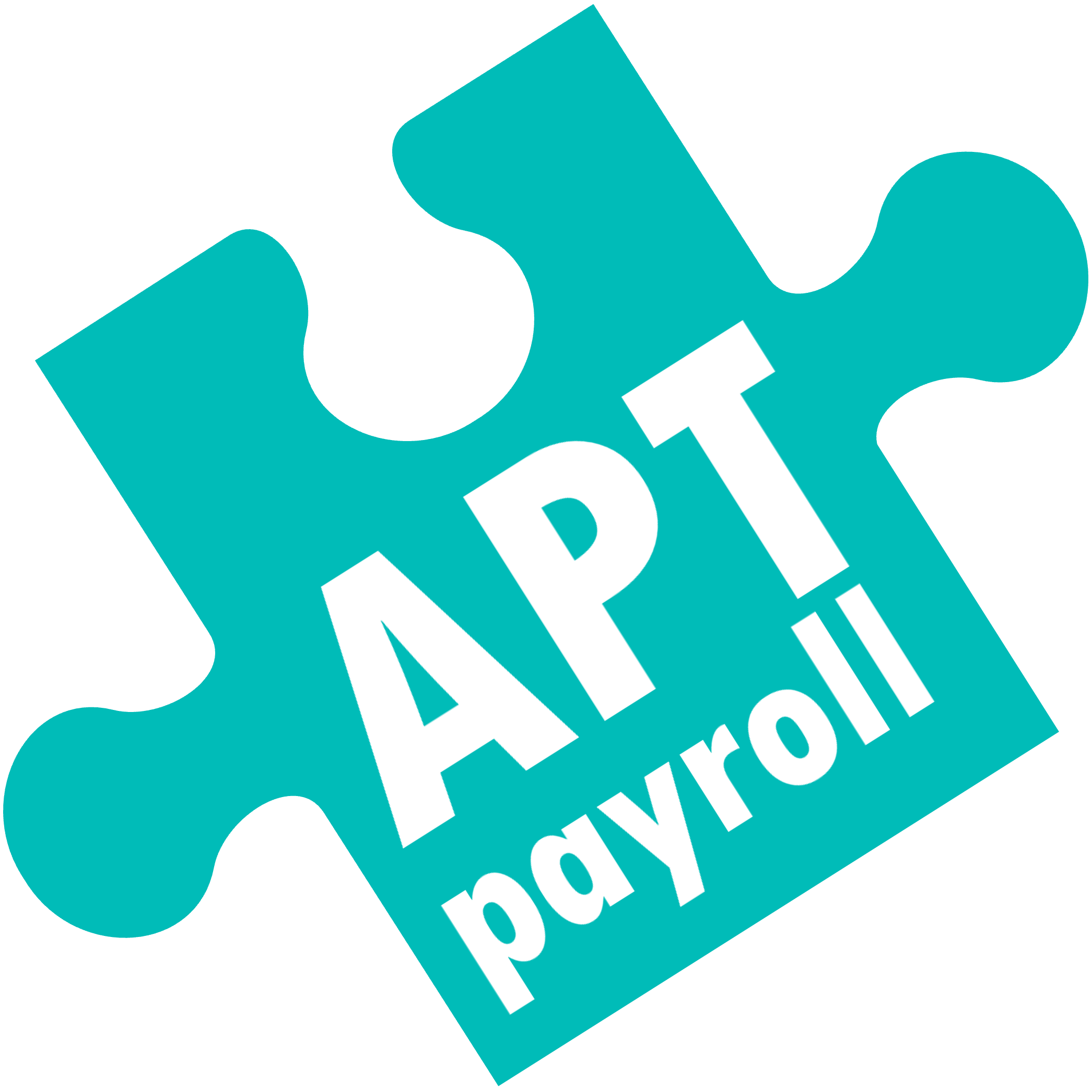 A teal puzzle piece on a jaunty angle, with the words Apt Payroll written in it in white text.