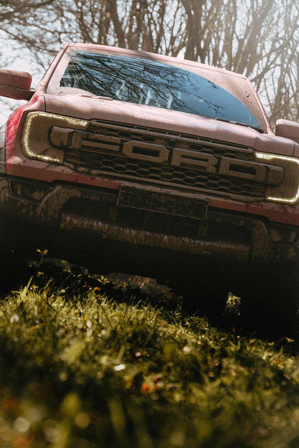 Close-up of a red Ford truck covered in mud parked on grass with leafless trees in the background.