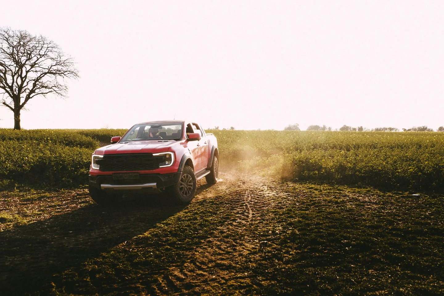 A red pickup truck driving through a dirt field with tire tracks, dust, and a landscape of yellow bushes and a lone tree in the background.