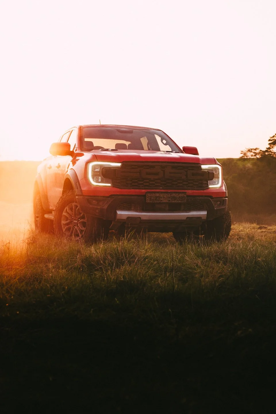 Red SUV parked on grassy field during sunset