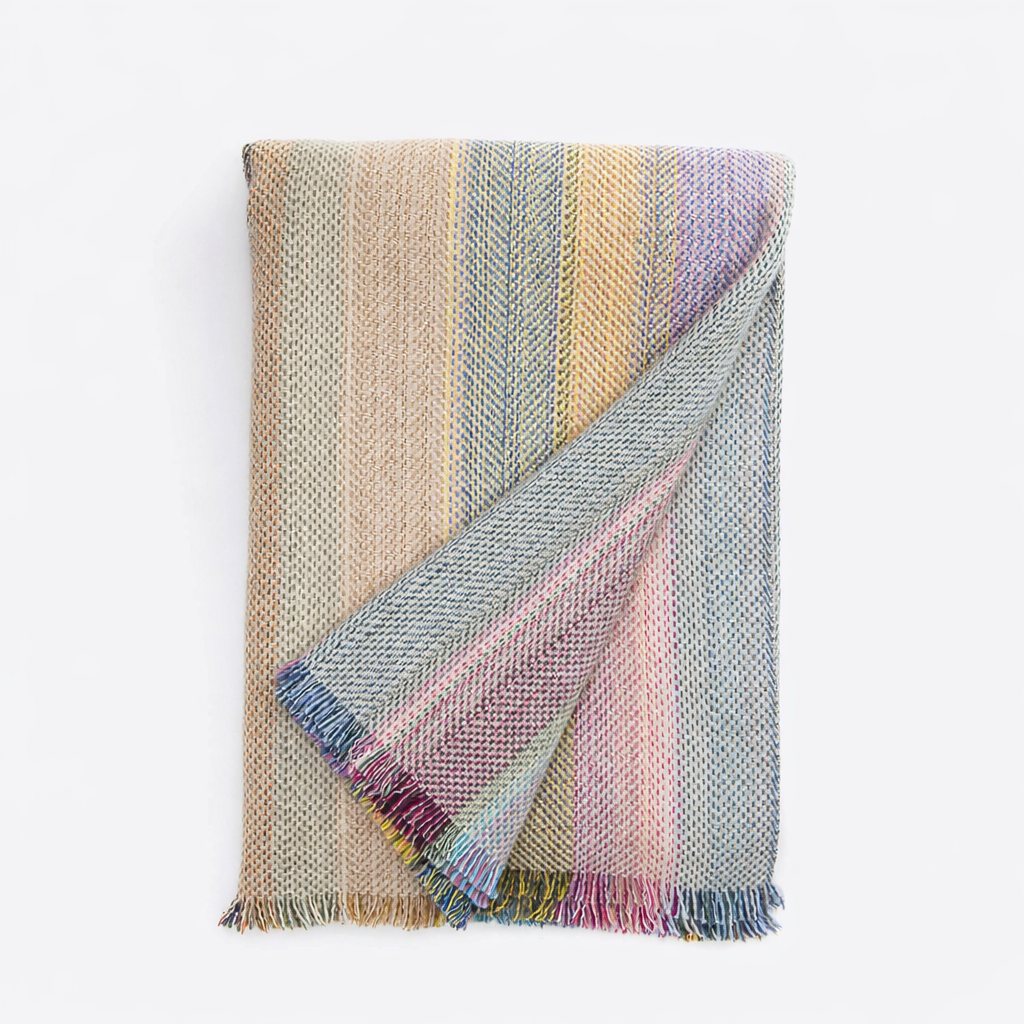 Un tissu coloré à motifs fractals posé sur un fond blanc.