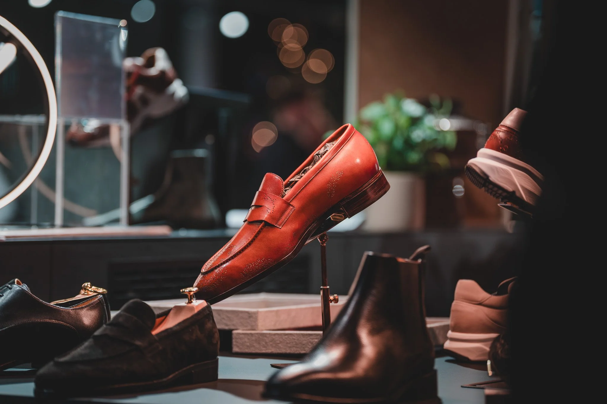 Chaussures en cuir exposées dans une vitrine, avec un fond flou et une plante en arrière-plan.