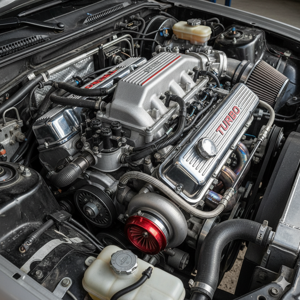 Close-up of a turbocharged engine with silver valve covers labeled "TURBO" and "DOHC," various hoses, and a red turbo fan wheel, installed in a car engine bay.