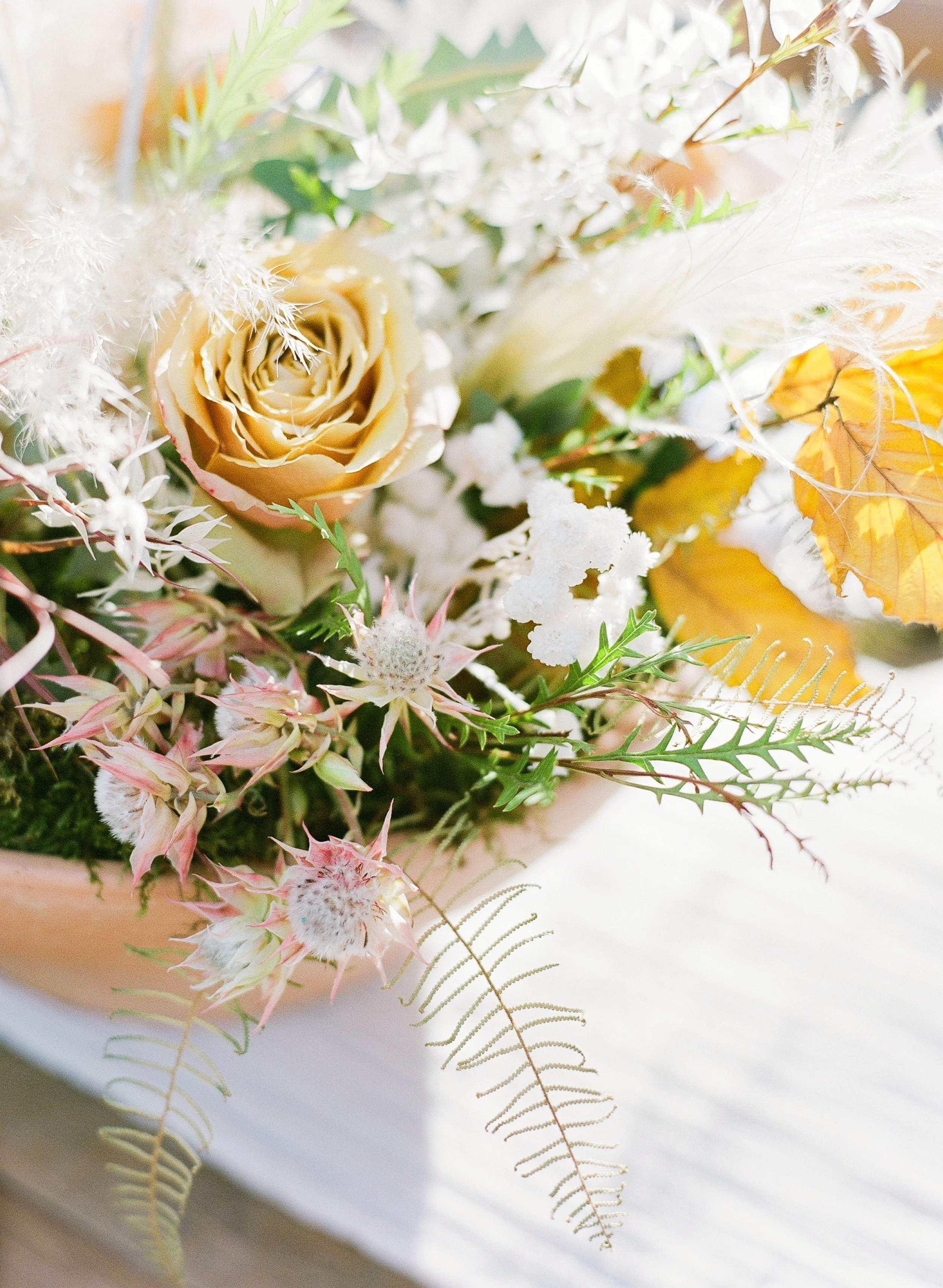 A bouquet of flowers with a beige rose, white and pink flowers, green leaves, and yellow leaves.