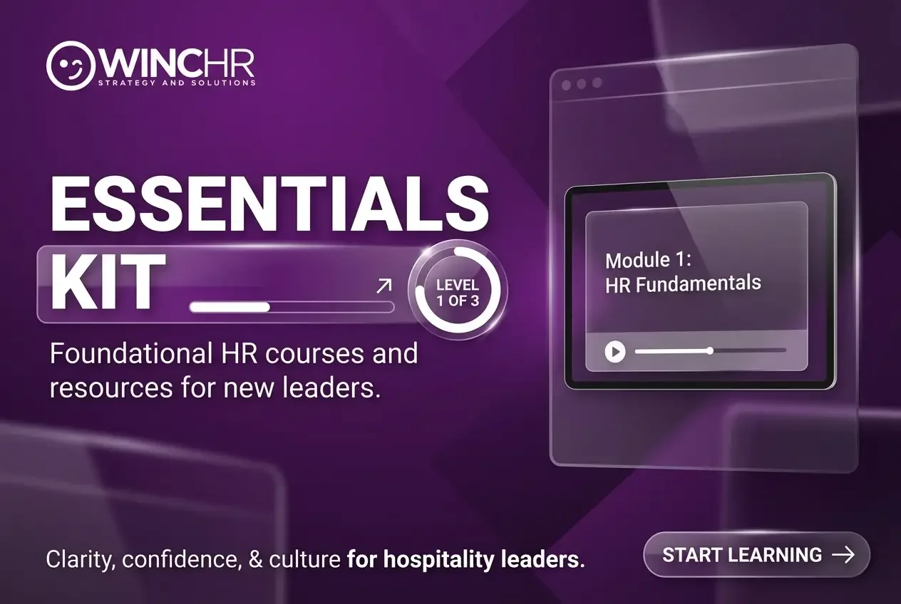 Promotional image for Winch HR's Essentials Kit, a foundational HR course for new leaders, with module 1 titled HR Fundamentals and a start learning button.