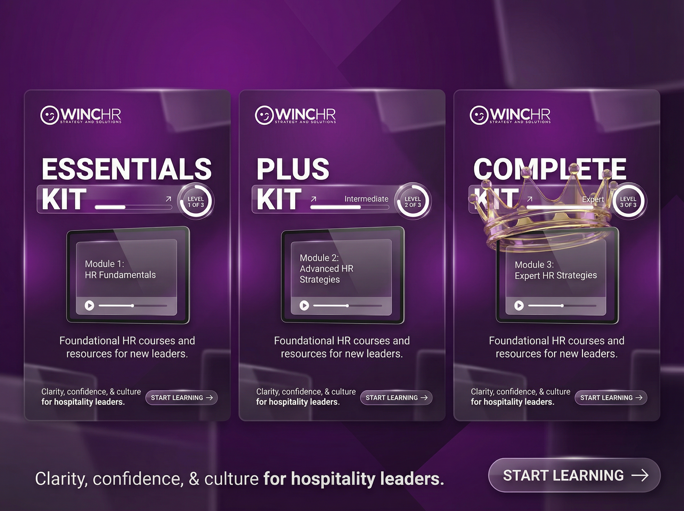 Three purple digital cards displaying HR training courses from WinHR, titled Essentials Kit, Plus Kit, and Complete Kit, with levels 1, 2, and 3 respectively. Each card features a module description, a progress bar, and a call-to-action button for learning.