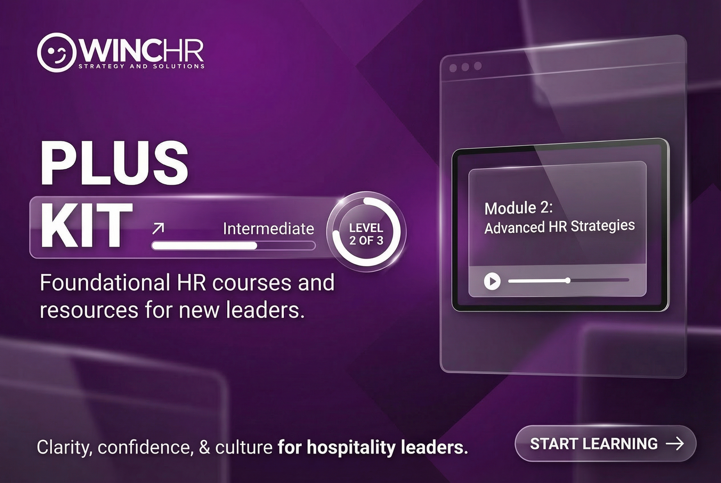 Digital graphic for WINHR Plus Kit, an intermediate level course on foundational HR strategies for new leaders, featuring modules and a start learning button.