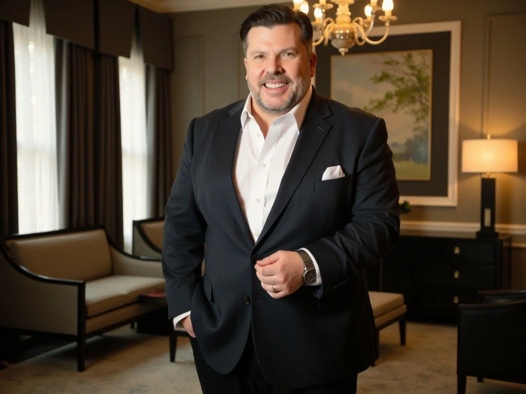 Karl Wood. A man in a black suit and white shirt smiling, standing in a well-decorated room with beige chairs, a painting, and a chandelier. Hospitality HR services near me.