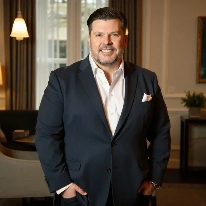 A man with dark hair and a beard, wearing a navy suit and white shirt, standing in a well-lit room with large windows, curtains, and a table with a plant in the background.