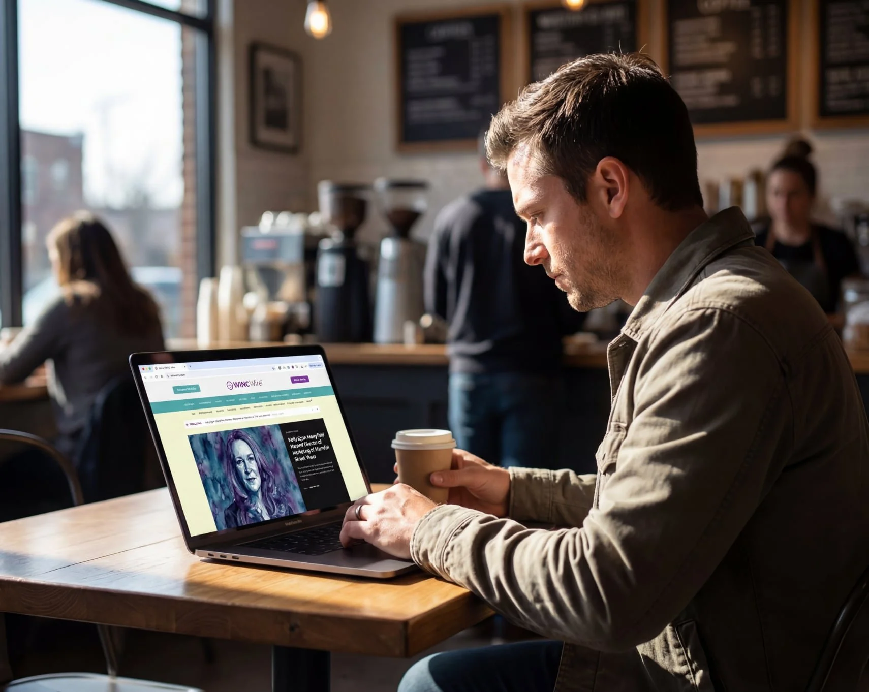 Man in a coffee shop using a laptop, browsing a website named WIMC Wire with a colorful portrait of a woman and an article headline, holding a coffee cup. Karl Wood Author & Book - If Bears Did Leadership - HR Hospitality & Leadership
