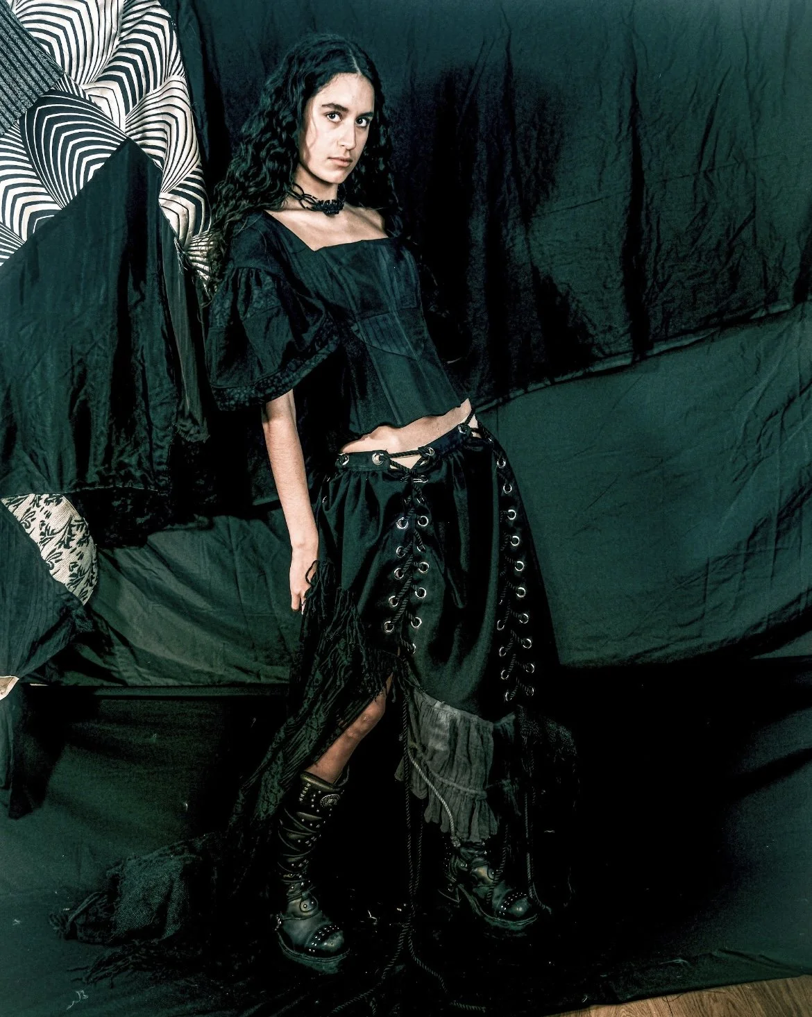 Patchwork Corset and Lace-Up Skirt Set