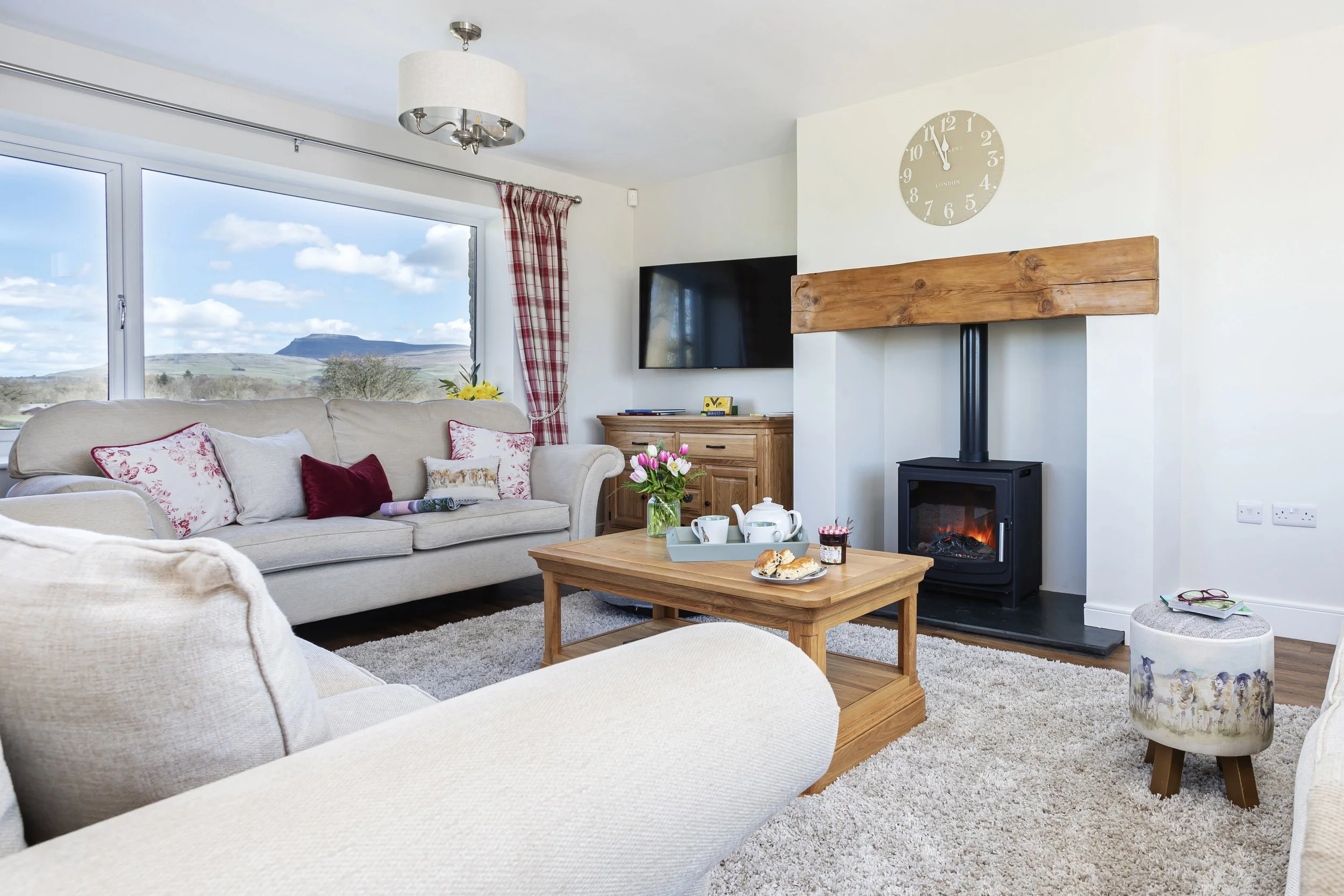 Living room with LVT flooring and large rug