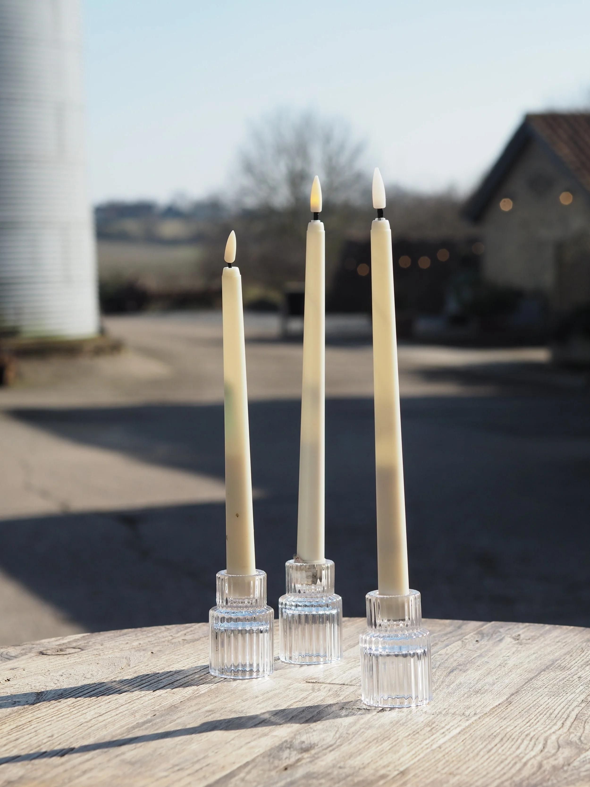 Tapered ribbed glass candle holders | £2.50 each including LED taper candle | 8 available 