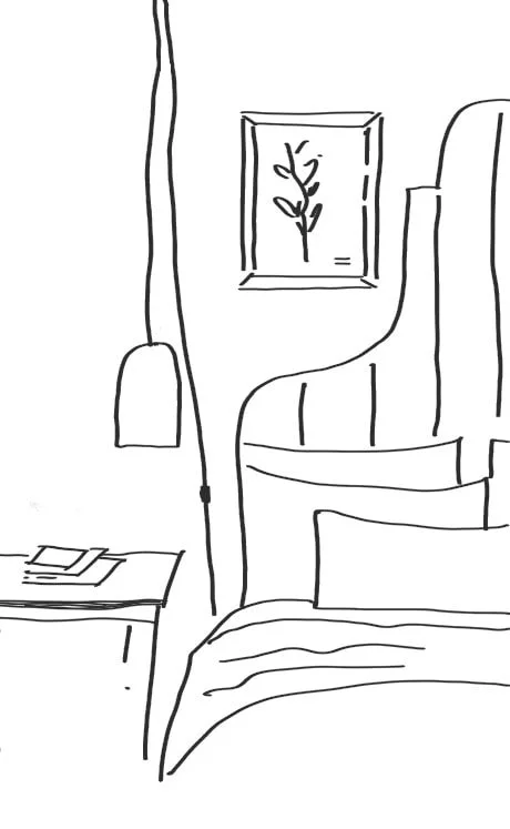 Gravure simple d'une chambre avec un lit, une table de chevet avec des livres ou des papiers, une lampe et une plante en tableau.